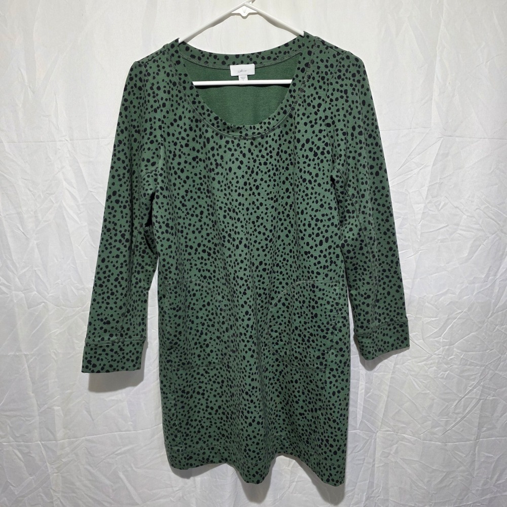 J. Jill Fit Green Animal Print Sweatshirt Dress Petite Medium Pockets Long Slv